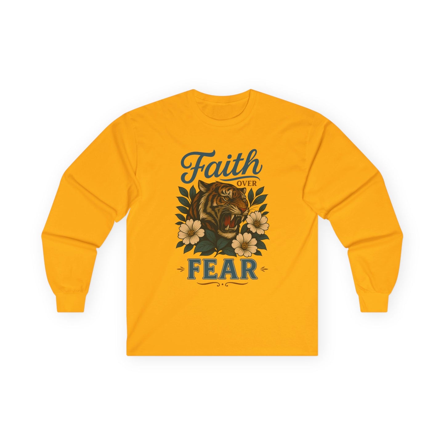 Faith Over Fear Long Sleeve Tee — Floral Roaring Lion Inspirational Shirt