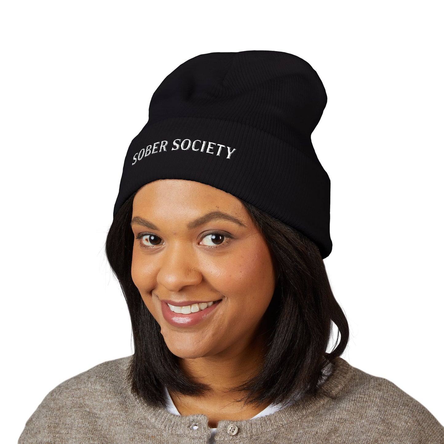 Sober Society Embroidered Cuffed Beanie — Yellow Recovery Knit Hat