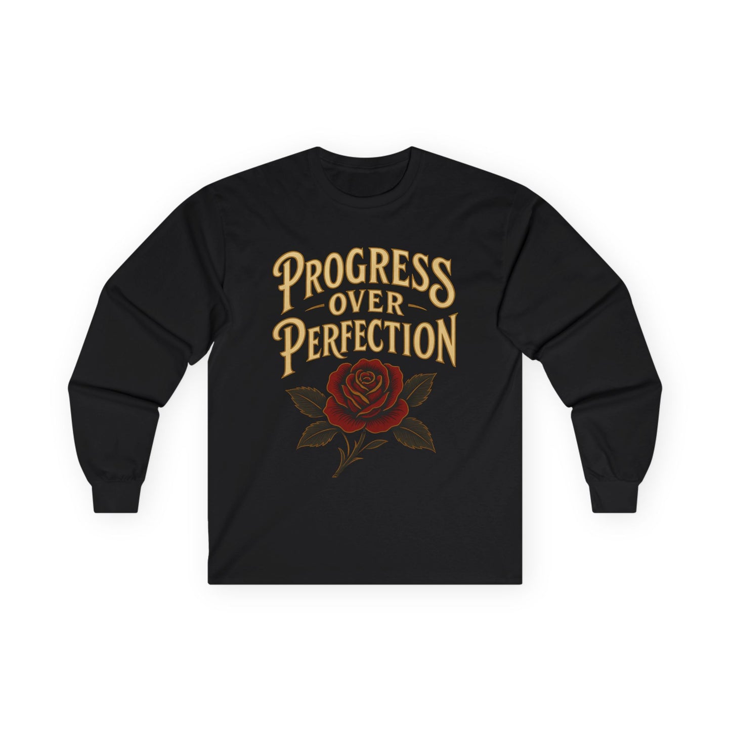 Progress Over Perfection Long Sleeve Tee — Rose Graphic Motivation Shirt