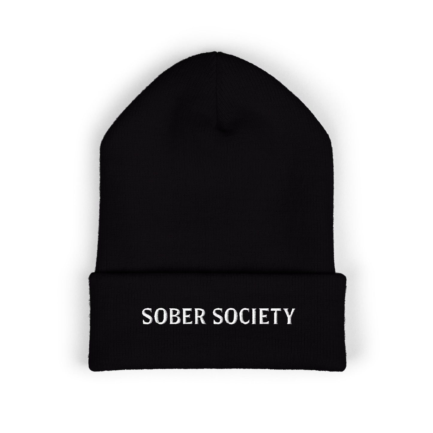 Sober Society Embroidered Cuffed Beanie — Yellow Recovery Knit Hat