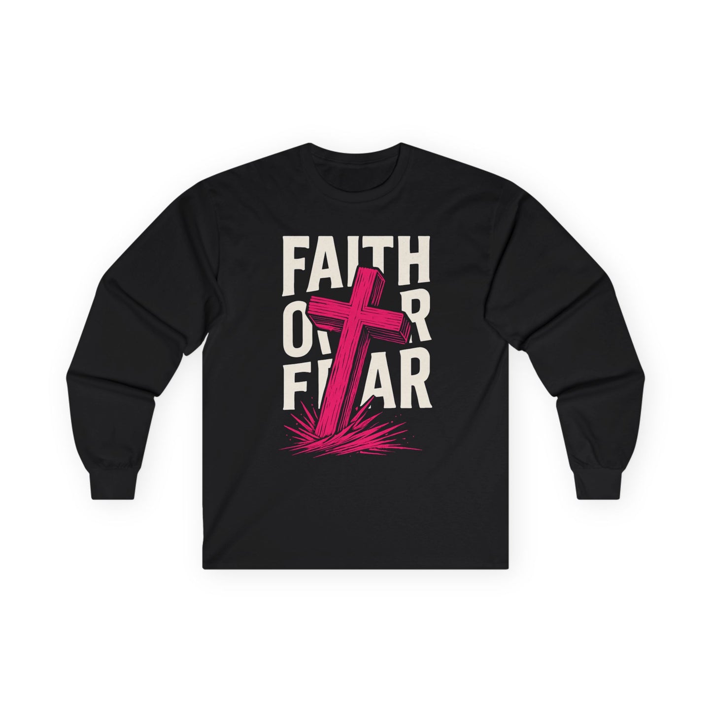 Faith Over Fear Long Sleeve Tee — Christian Cross Inspirational Shirt
