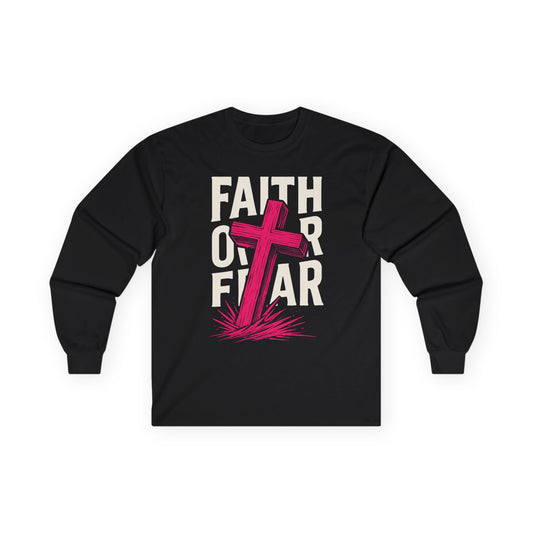 Faith Over Fear Long Sleeve Tee — Christian Cross Inspirational Shirt