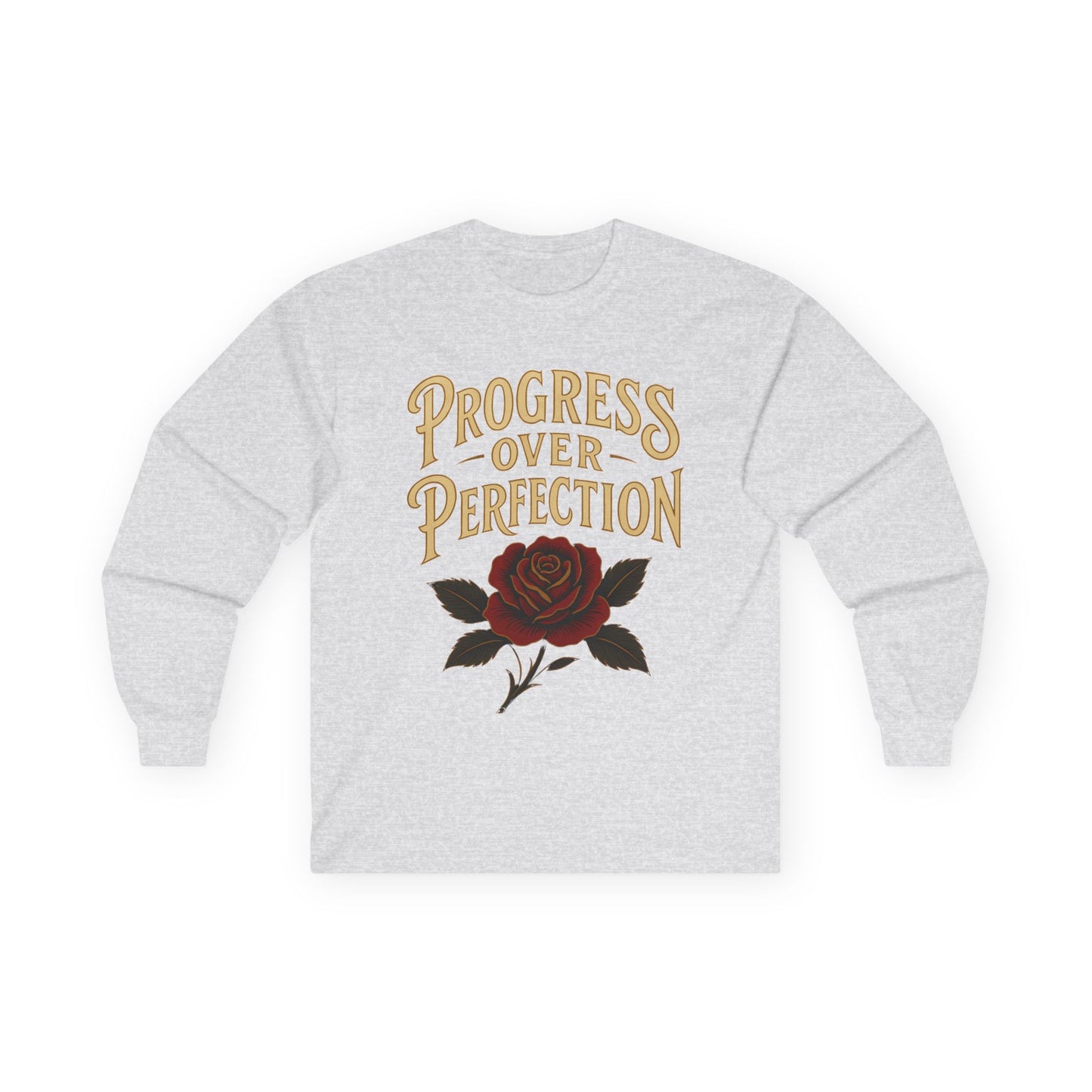 Progress Over Perfection Long Sleeve Tee — Rose Graphic Motivation Shirt
