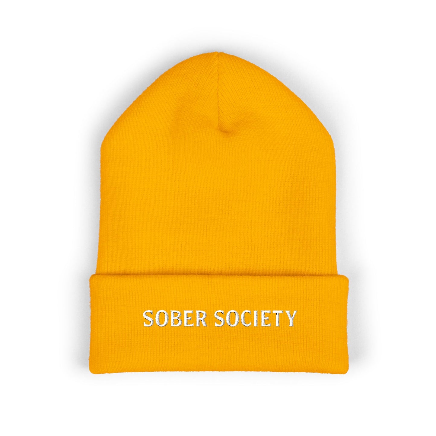Sober Society Embroidered Cuffed Beanie — Yellow Recovery Knit Hat