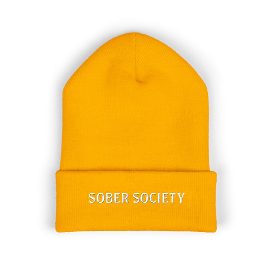 Sober Society Embroidered Cuffed Beanie — Yellow Recovery Knit Hat