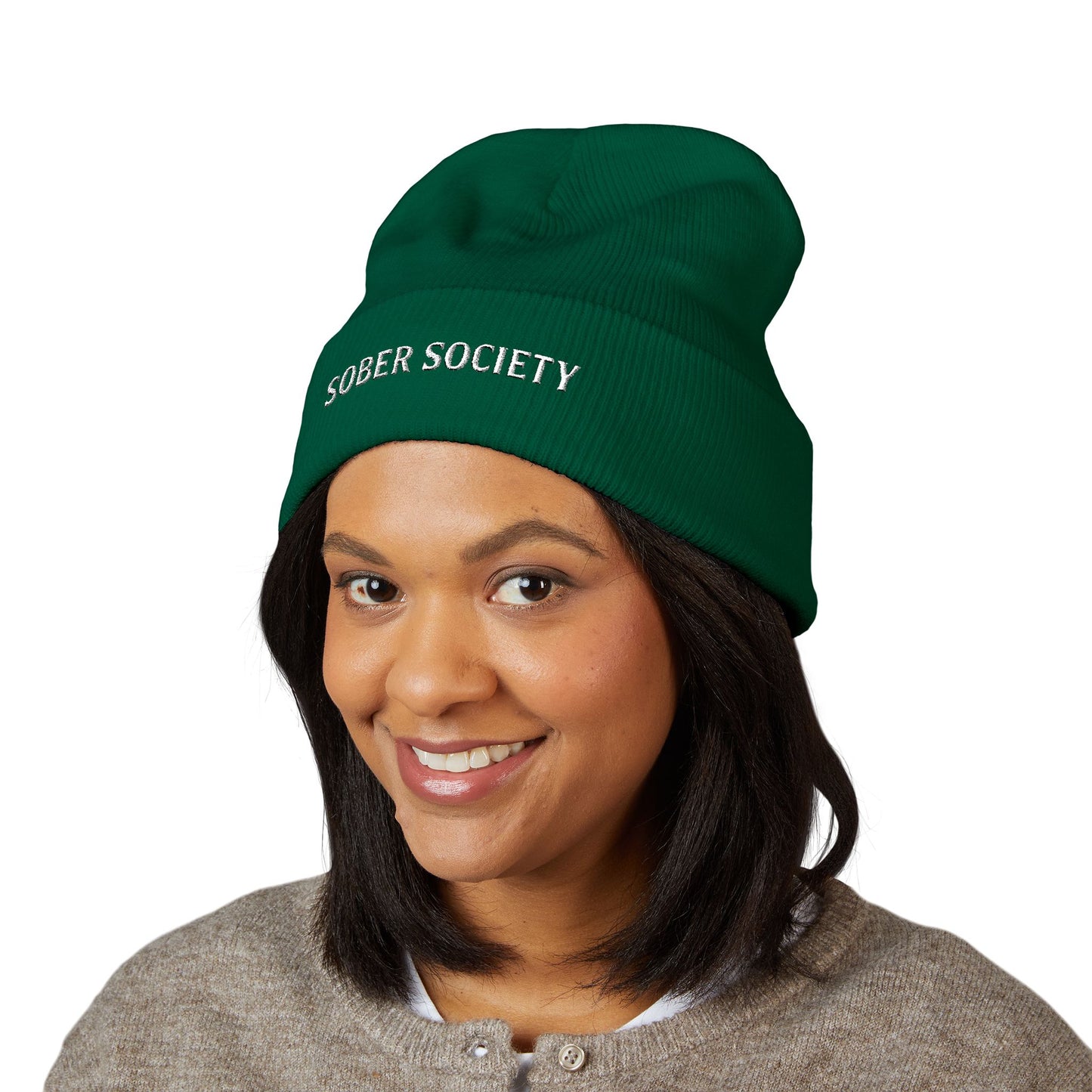 Sober Society Embroidered Cuffed Beanie — Yellow Recovery Knit Hat
