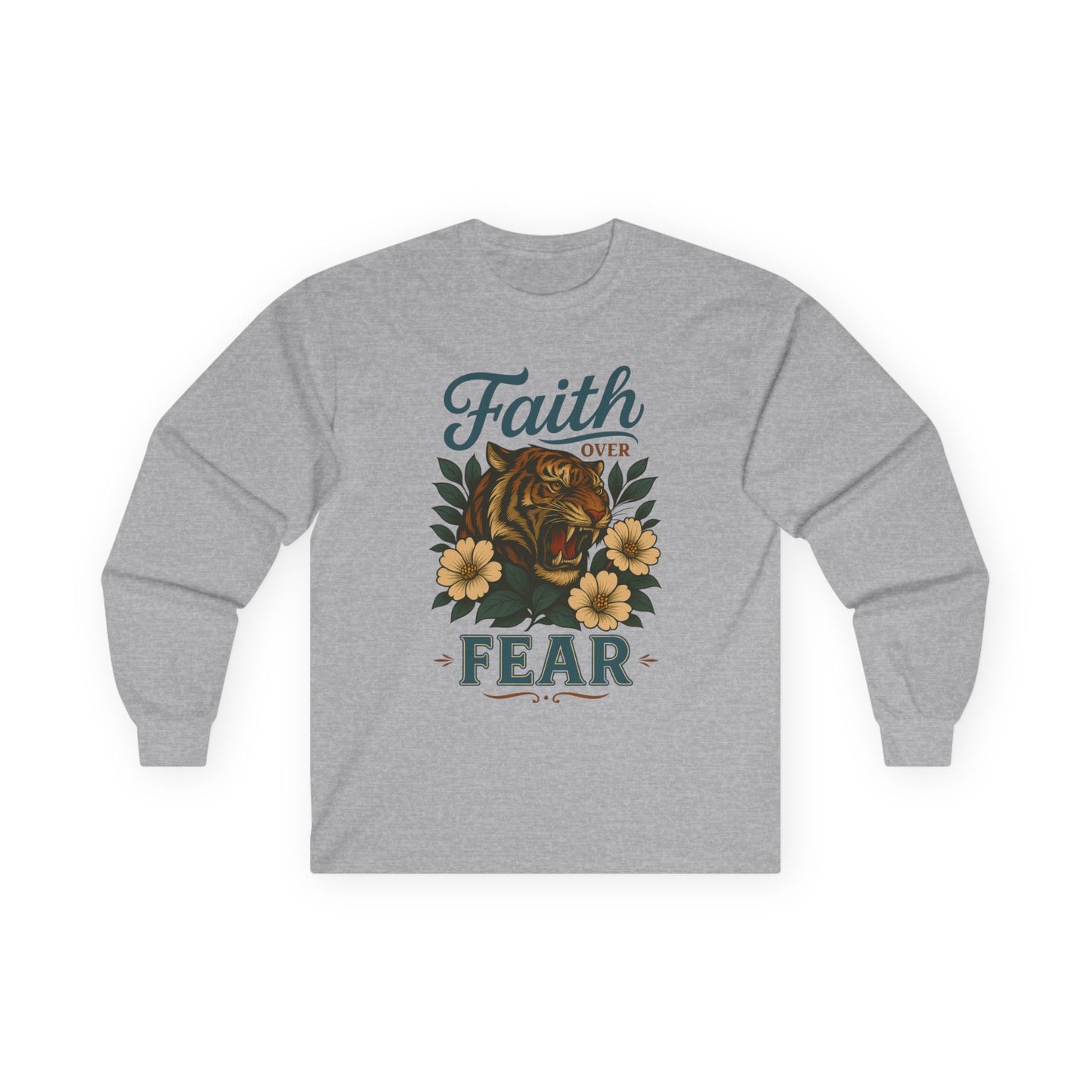 Faith Over Fear Long Sleeve Tee — Floral Roaring Lion Inspirational Shirt