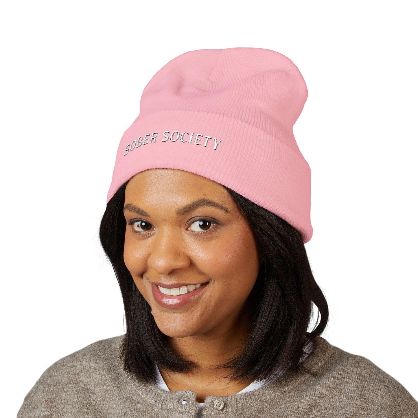 Sober Society Embroidered Cuffed Beanie — Yellow Recovery Knit Hat