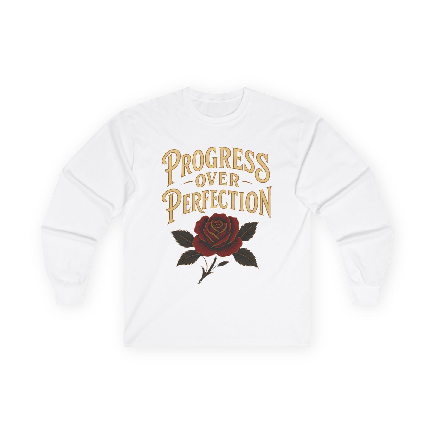 Progress Over Perfection Long Sleeve Tee — Rose Graphic Motivation Shirt
