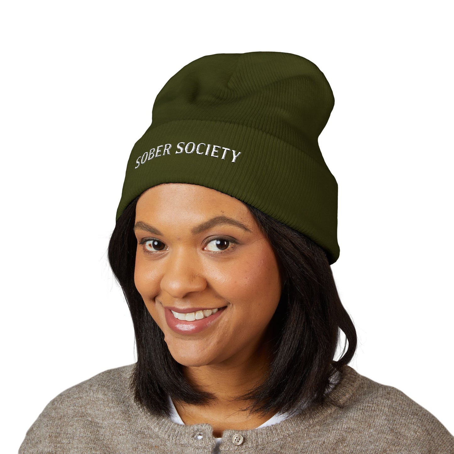 Sober Society Embroidered Cuffed Beanie — Yellow Recovery Knit Hat