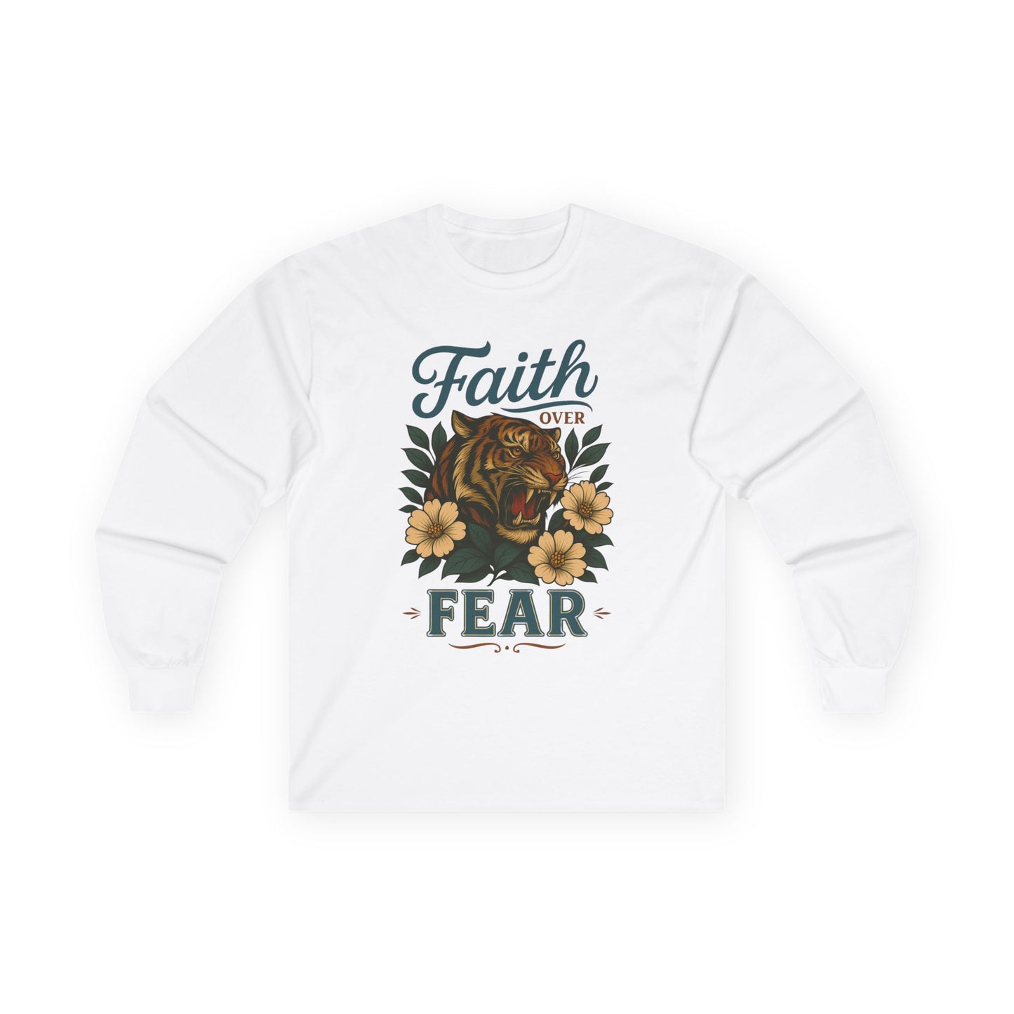 Faith Over Fear Long Sleeve Tee — Floral Roaring Lion Inspirational Shirt