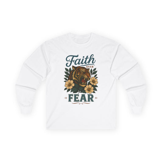 Faith Over Fear Long Sleeve Tee — Floral Roaring Lion Inspirational Shirt