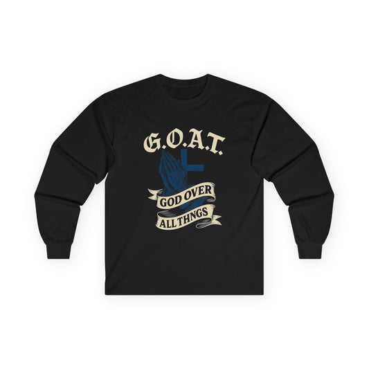 G.O.A.T. 'God Over All Things' Long Sleeve Tee — Christian Prayer Hands Graphic