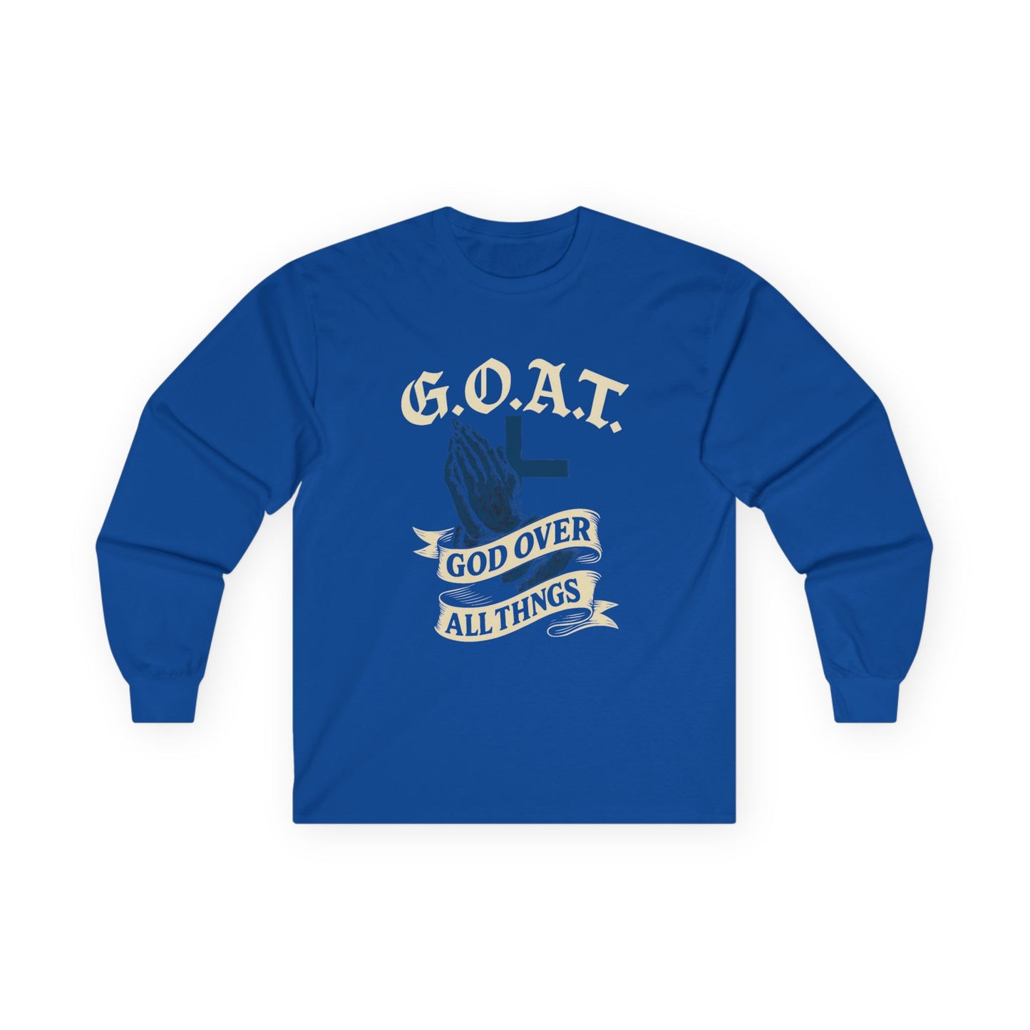 G.O.A.T. 'God Over All Things' Long Sleeve Tee — Christian Prayer Hands Graphic