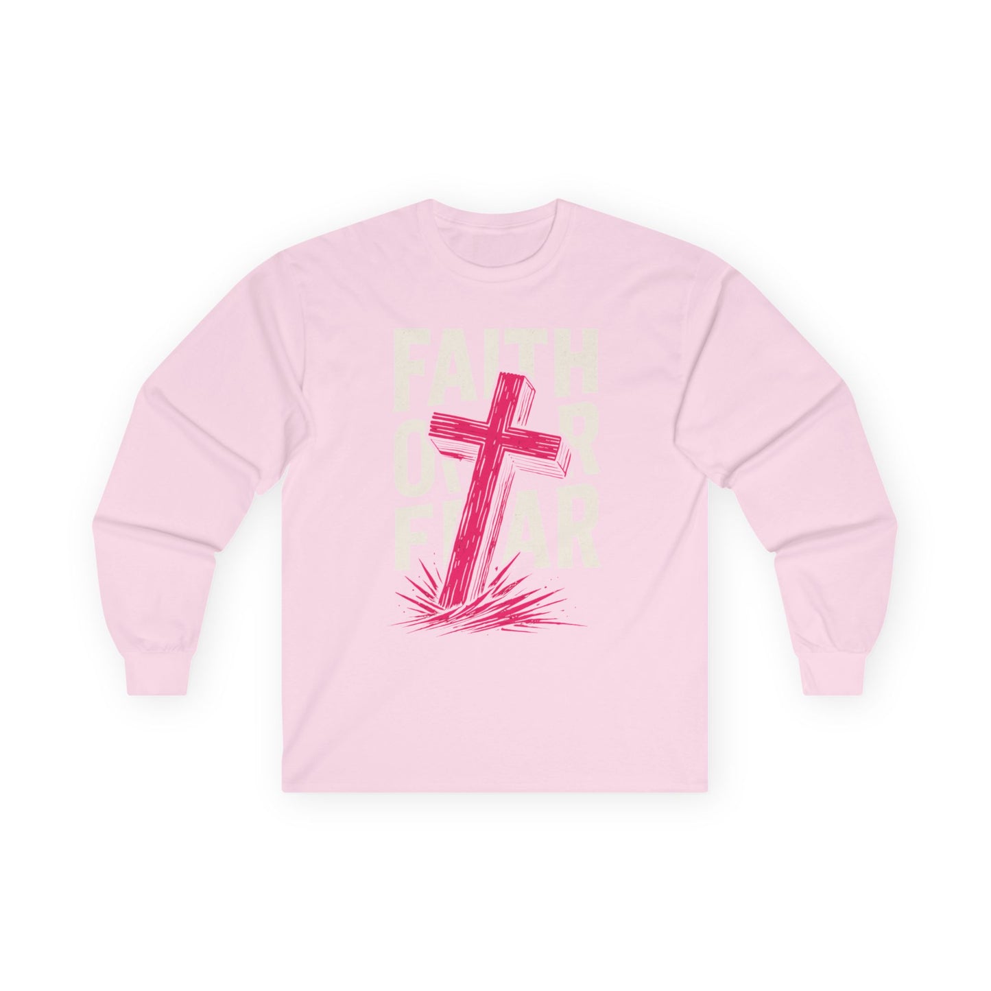 Faith Over Fear Long Sleeve Tee — Christian Cross Inspirational Shirt