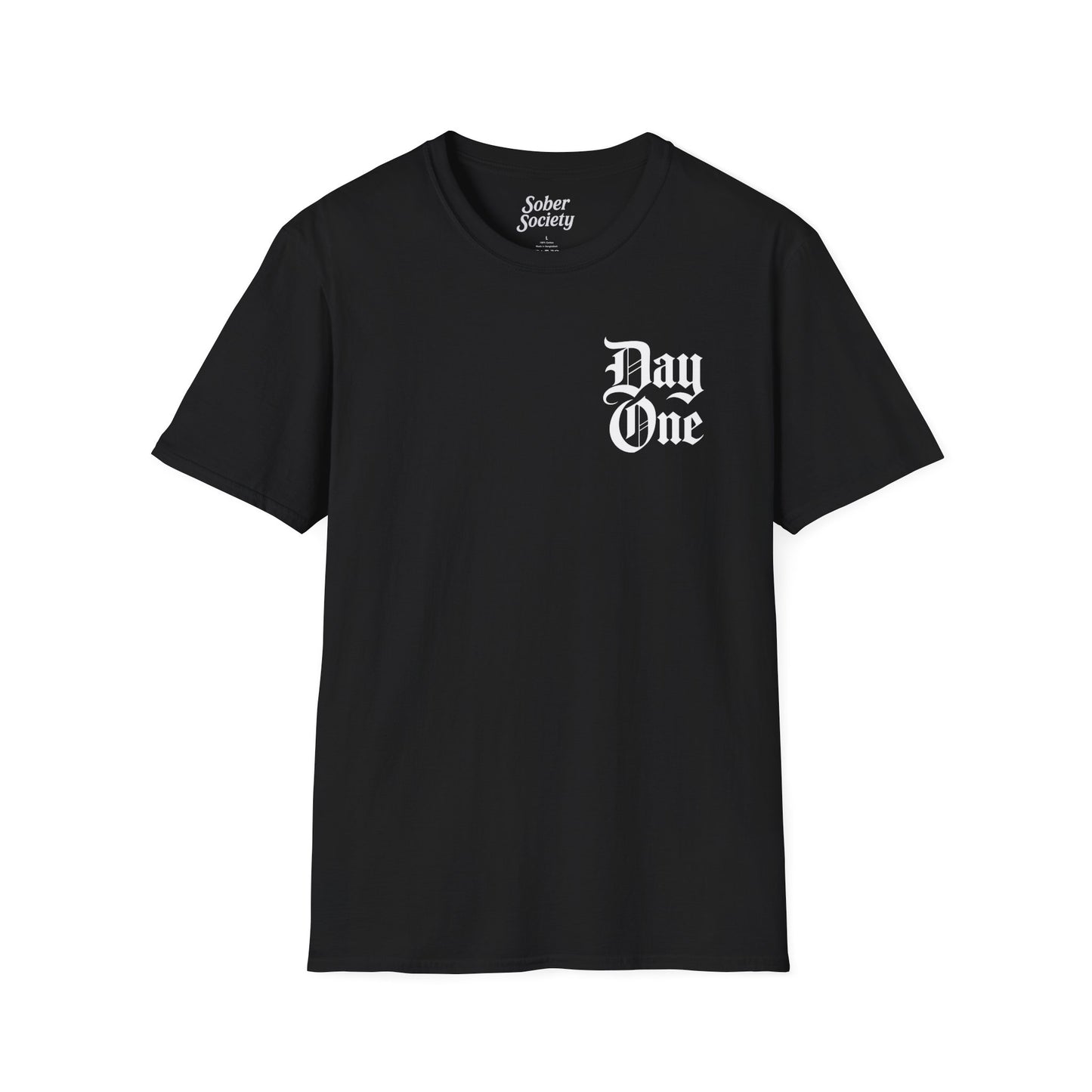 Day One T-Shirt – Gothic Chest Print, Minimal Black Tee for Everyday Wear