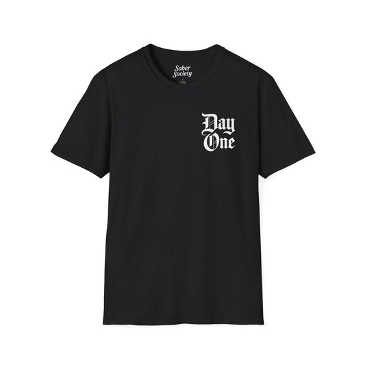 Day One T-Shirt – Gothic Chest Print, Minimal Black Tee for Everyday Wear