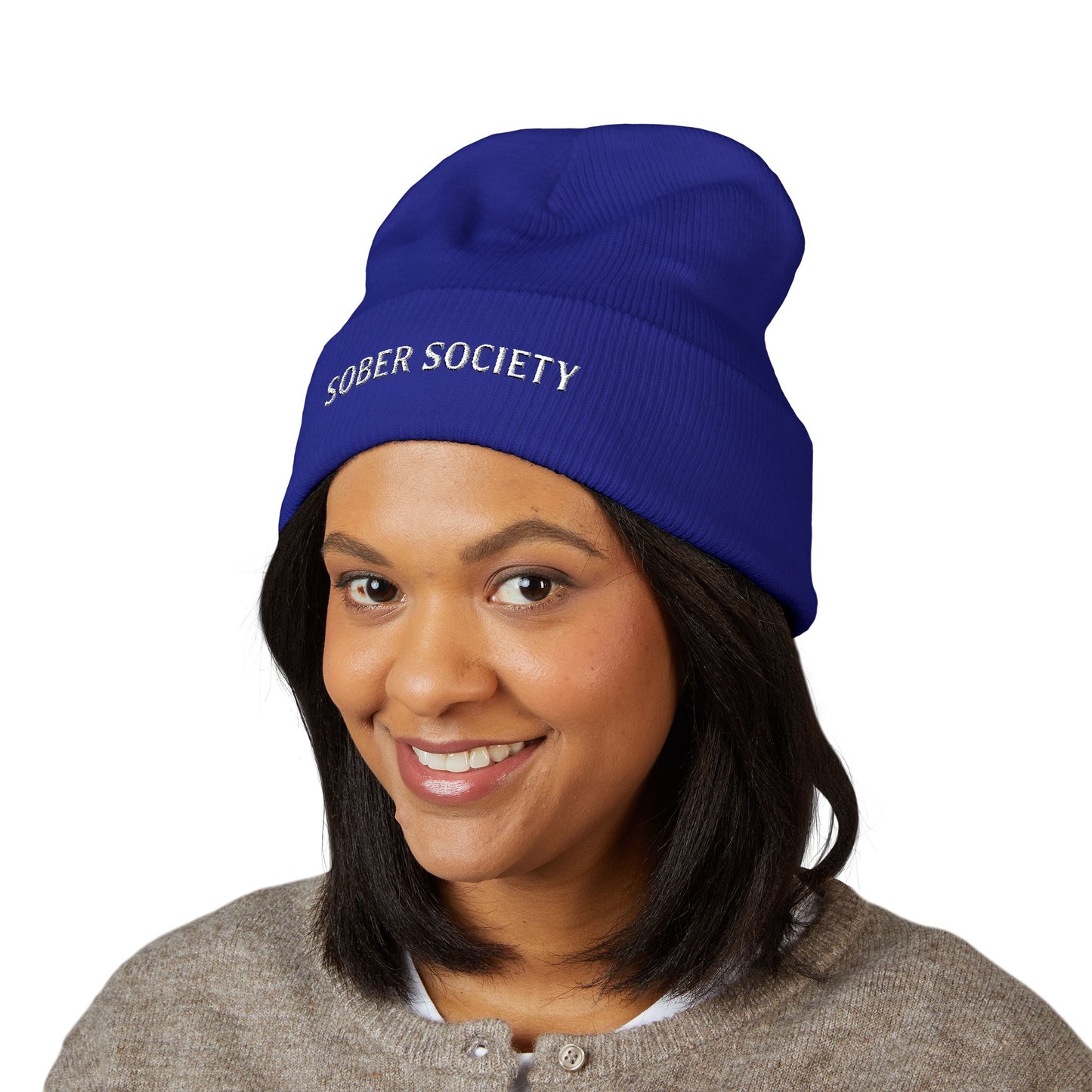 Sober Society Embroidered Cuffed Beanie — Yellow Recovery Knit Hat