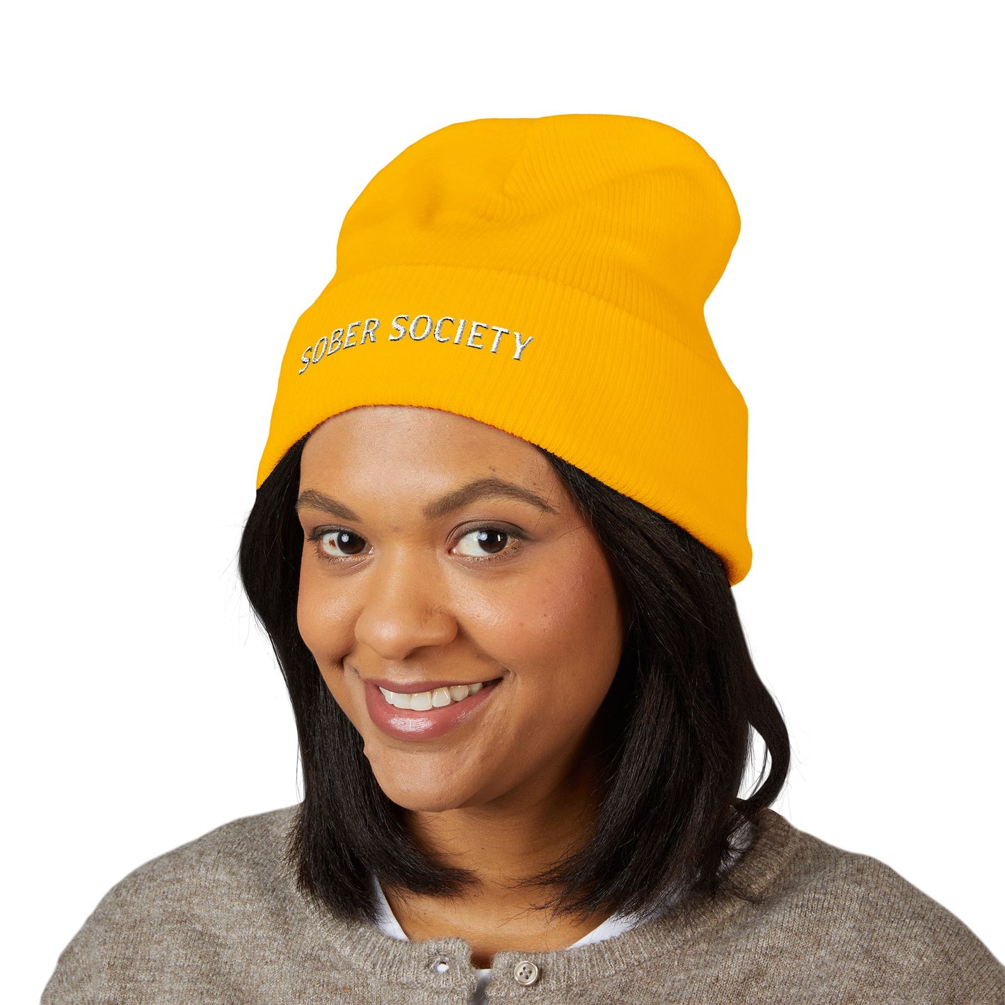 Sober Society Embroidered Cuffed Beanie — Yellow Recovery Knit Hat
